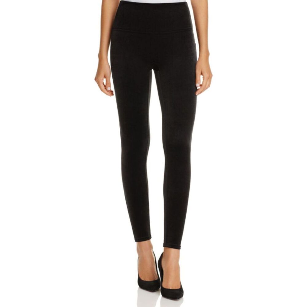 Spanx Black Velvet Stretchy Soft Button Leggings High Waist Shaping Pants Sz M